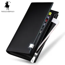 WilliamPOLO 2017 New Fashion Men Genuine Leather Wallet Brand Men Wallet Long Design Phone Holder Card Wallet Men Black POLO155