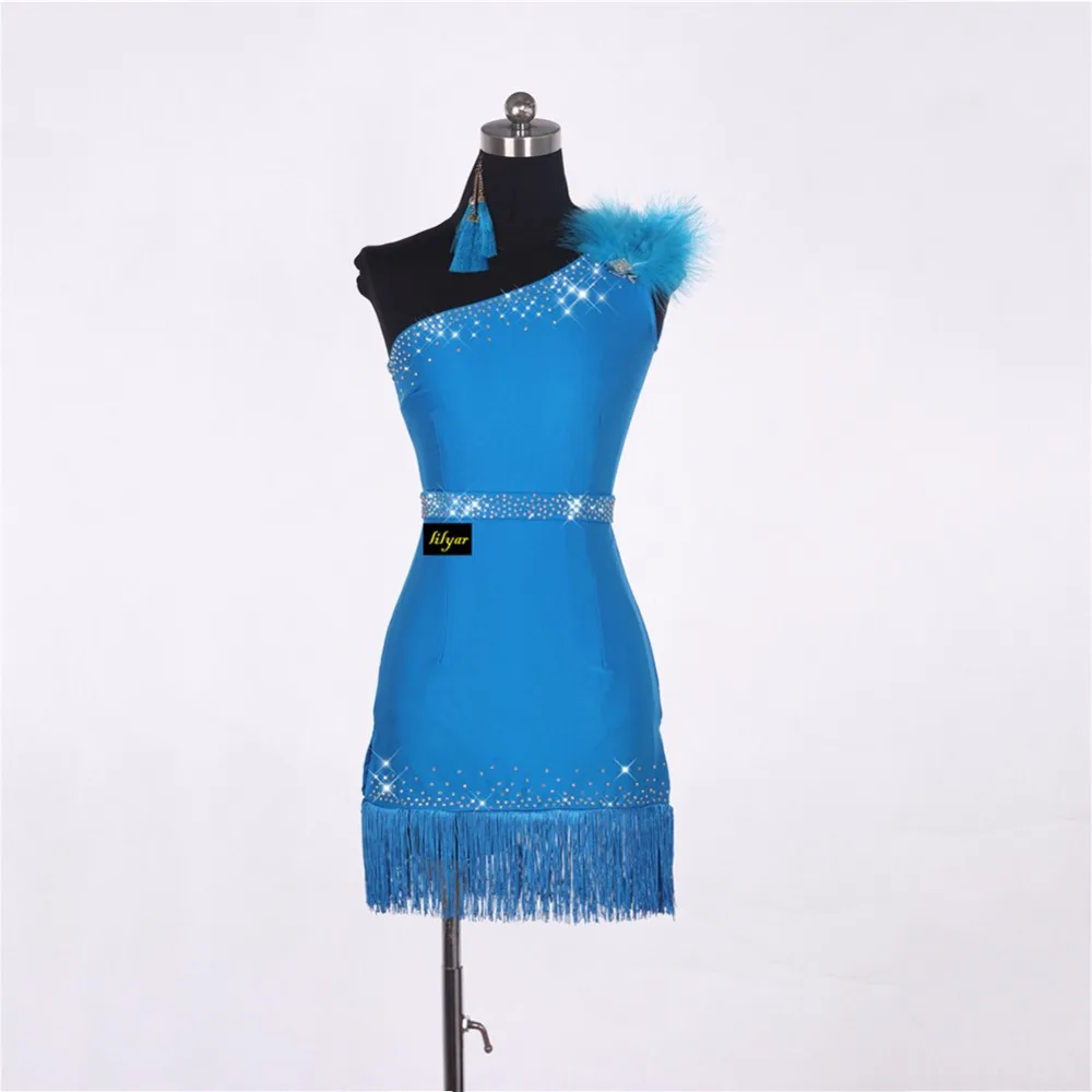 On Sale Blue Modern Dancing Dress For Ladies Tassel Rhinestone Dresses