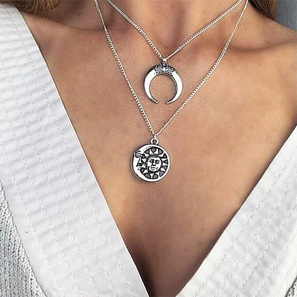 

KISSWIFE 2018 Summer Retro Simple Sun Horns Moon Multilayer Necklace For Women Fashion Jewelry