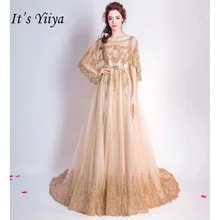 Это YiiYa Шампанское Половина рукава вечерние платья цветочный узор Кристалл бисер Роскошные Bling блестками вечернее платье QXN074