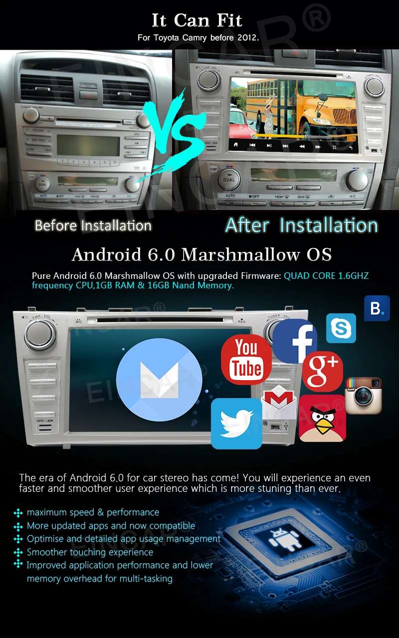 Discount Android 6.0 Car Radio GPS Car Stereo for TOYOTA Camry Vehicles with Navigation DVD Headunit USB/SD/WiFi/OBD2/Cam-in/Phone Mirror 4