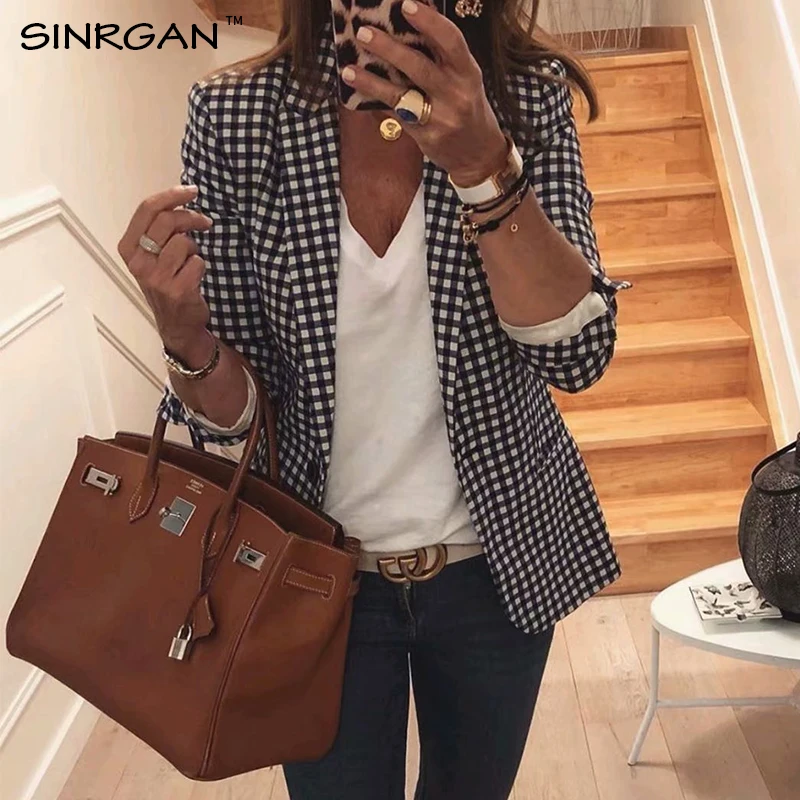

SINRGAN Women Autumn Suit Plaid Blazers Office Lady Casual Style Fashion Suit Pockets women blazers and jackets Female