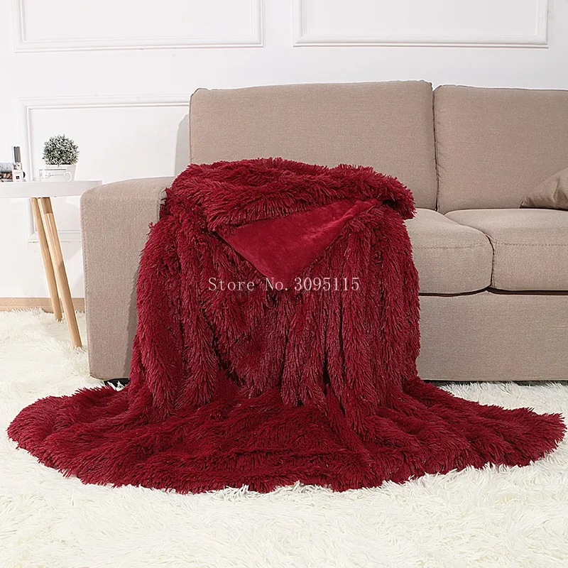 Burgundy Shaggy Faux Fur Throw Blanket for Couch Cuddly Bed Plush