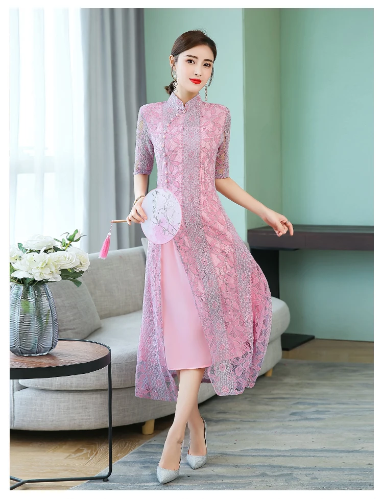Autumn Vintage Lace Women Dress Elegant Ladies Stand Collar Dress Half Sleeve Party Dresses Vestidos Clothing Plus Size 4XL