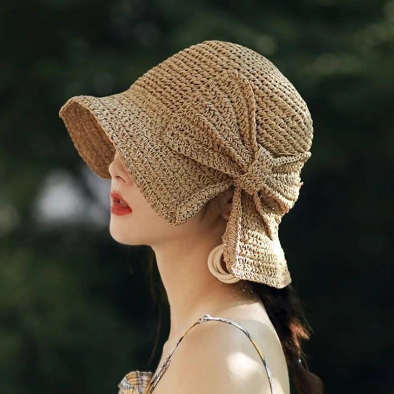 Floppy Summer Big Brim Hats For Women Beach Panama Straw Dome Bow Bucket Hat Female Gorras Solid Colors H3