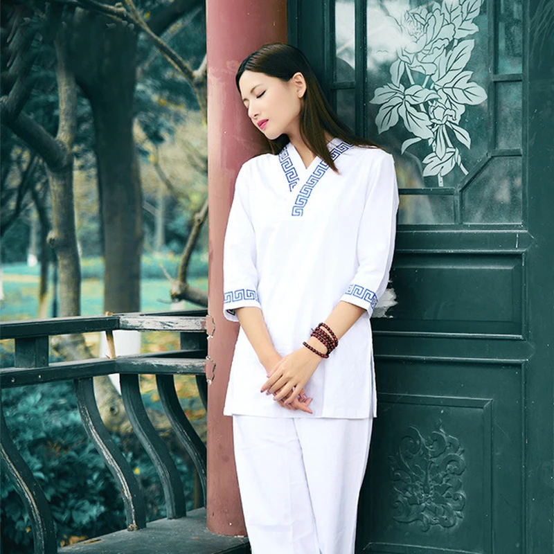 

Tradition Women Fitness Suit Yoga Set Gym Clothes Cotton and Linen Zen Meditation Clothing Shirt and Pants 2pcs Tai Chi Clothing