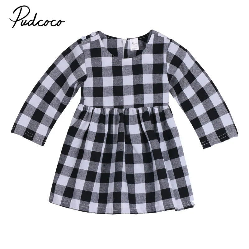 

Casual Newborn Baby Girls Toddler Kids Cotton Plaid Mini Dress Party Princess Wedding Tutu Long Sleeve Short Dresses Sundress