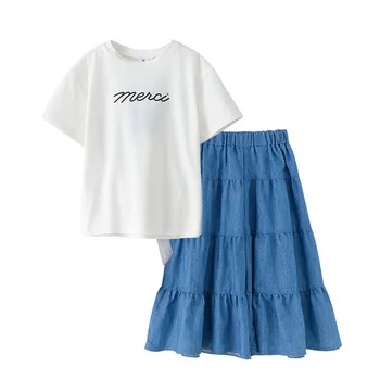 

girls summer clothes fashion solid girl sets letter o-neck pullover white t-short + Blue wide leg pant 2pcs 6 8 10 12 14 16 year