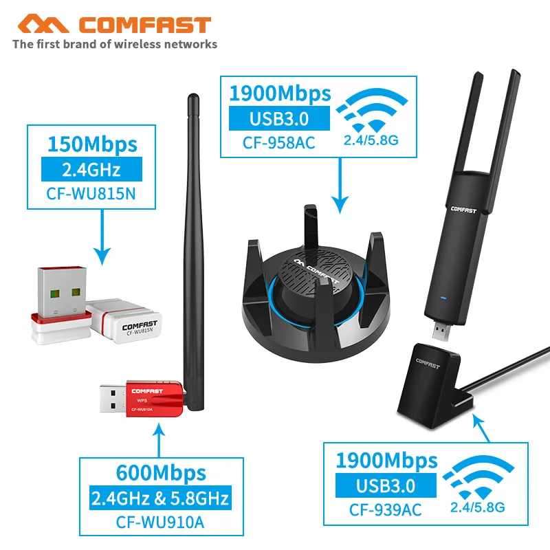 

Computer PC Wifi Adapter USB Lan Dongle Wi-fi Antenna 150~1900Mbps 802.11ac/b/g/n Network Card 2.4Ghz &5.8Ghz Wireless receiver