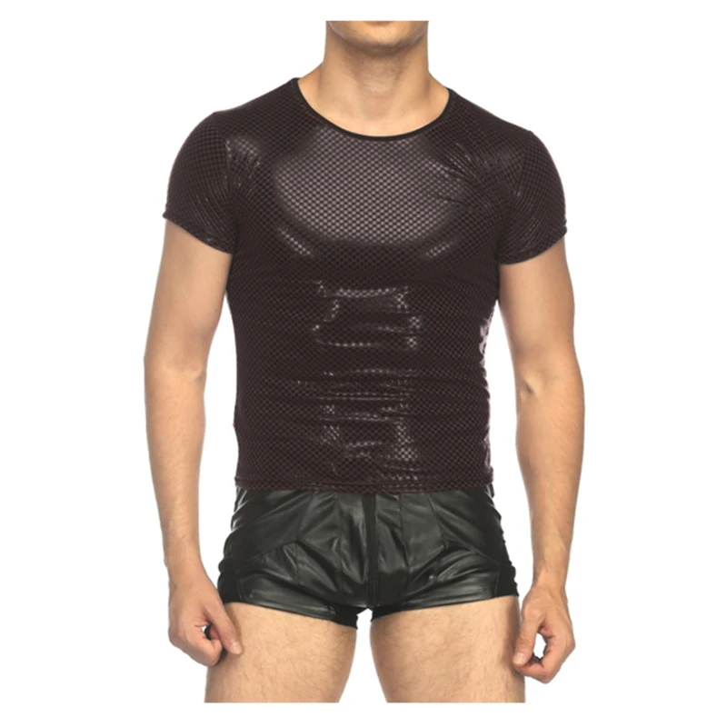 2019 Sexy Men's Patent Leather T-shirt Nightclub Performance Show Glossy Checked Skinny T-Shirt Short Sleeve Pullover Slim Fit (3)