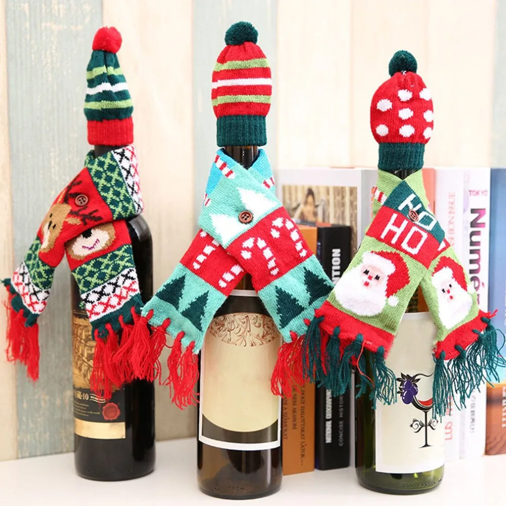 

3 Patterns Knitted Tassel Scarf Hat Cap Christmas Red Wine Bottle Cover Decoration Home Party Novelty Great Gifts