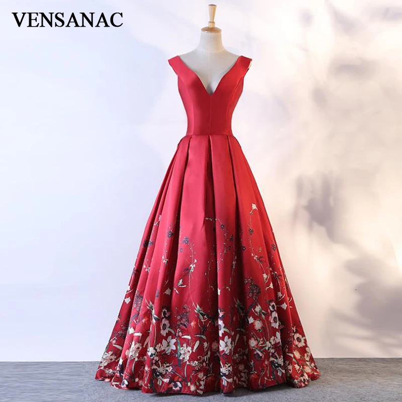 VENSANAC 2018 Floral Print V Neck A Line Long Evening Dresses Elegant Party Flowers Draped Open Back Prom Gowns VENSANAC 2018 Floral Print V Neck A Line Long Evening Dresses Elegant Party Flowers Draped Open Back Prom Gowns