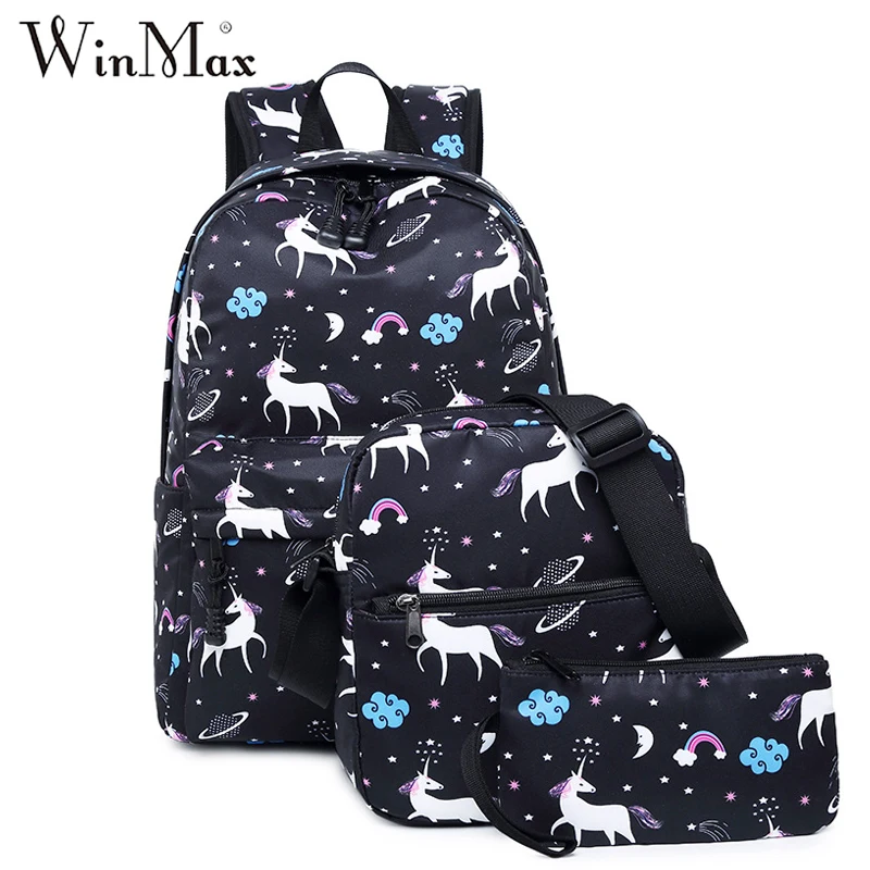 Winmax, водонепроницаемый нейлоновый школьный рюкзак для девочек-подростков, женский рюкзак, комплект из 3 предметов, единорог, Mochila Escolar, портфель