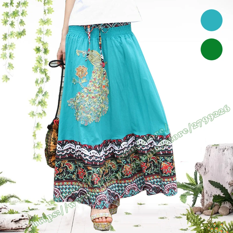 

Bohemian Floral Stitching Stripe Pattern 100% Cotton Casual Breathable Peacock Pattern Long Skirts for women / Maxi Skirt