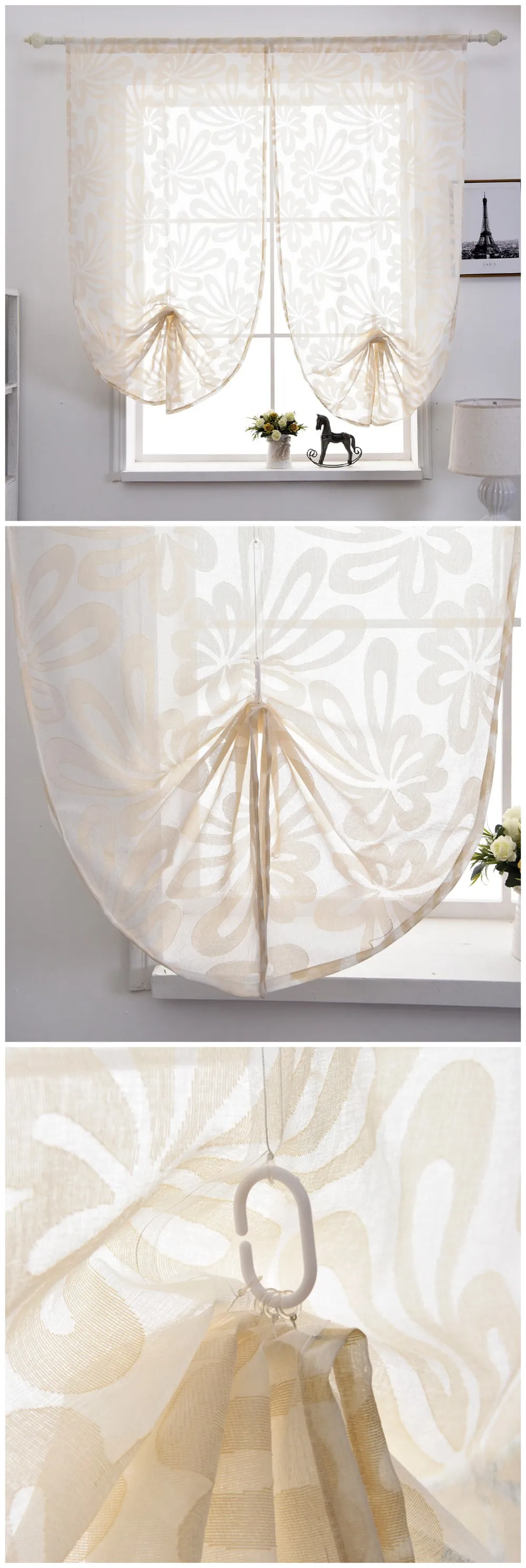 Smt514 NAPEARL Short Roman Drops Tulle Fabric Rustic Curtains Decor Floral Circle Stripe Jacquard Cream Color Curtains Kitchen Windows