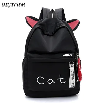 

Student Outdoor Activities Canvas Backpack Women Laptop Backpack Cute Cat Ear School Bag For Youth Girl Ribbon Zipper Backpack