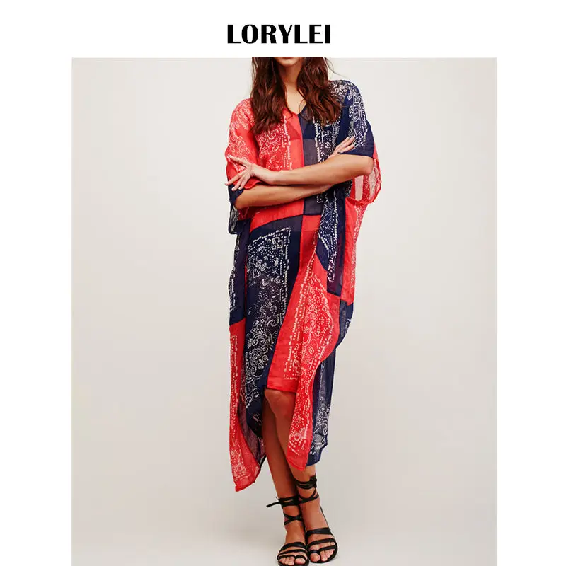 

Bohemian Printed Chiffon Long Beach Dress Women Tunic Plus Size Swim Wear Cover Up Sexy See Through Bikini Coverup Sarongs N115