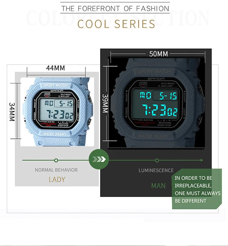 SANDA модные спортивные часы для пары водонепроницаемые повседневные светодиодный цифровые наручные часы с джинсовым узором с подсветкой EL Relogio Masculino