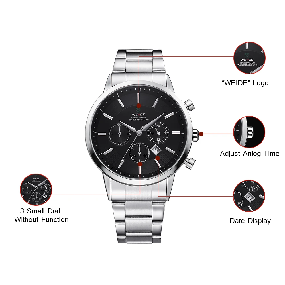 WEIDE Luxury Big Black Mens Watches Japan Quartz Movement Full Stainless Steel 3ATM Waterproof Fashion Wrist Watch Analog Clock WEIDE Luxury Big Black Mens Watches Japan Quartz Movement Full Stainless Steel 3ATM Waterproof Fashion Wrist Watch Analog Clock