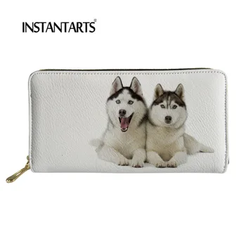

INSTANTARTS 3D Wallets for Travel Leather UP Long Zipper Around Wallets Puppy Husky Pattern Stylish Card Holder Clutch Bag Purse