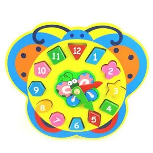 Candice guo! Baby Figure Clock Colorful Wooden Toy Butterfly Clock Building Blocks Matching Game Educational Toy baby-building-blocks-wooden