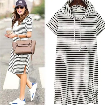 

Large size women's short-sleeved split striped hooded sweater dress