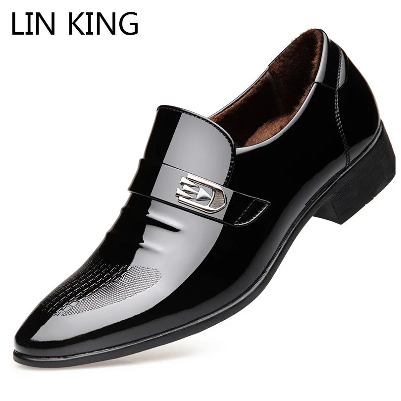 

LIN KING New Slip On Winter Oxfords Shoes For Men Slip On Shallow Warm Formal Shoes Man Pointed Toe Business Office Work Shoes