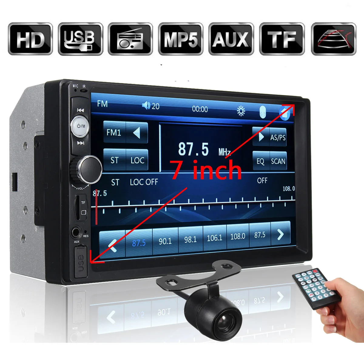 

7'' Car Radio Bluetooth Double 2Din Car Stereo Radio MP5 Player with Touchs Screen FM AUX USB + Rear View Camera Remote Control