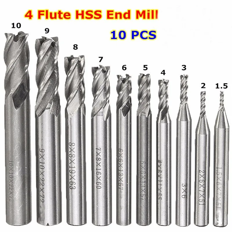 

10Pcs/Set Diameter 1.5mm-10mm HSS CNC Milling Cutter Router Bit Straight Shank 4 Flute Blades End Mill Cutter Drill Bit