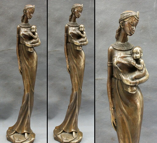 

free 16" Chinese Bronze Copper Art Standing Woman Belle Hold Baby Kid Child Statue fast