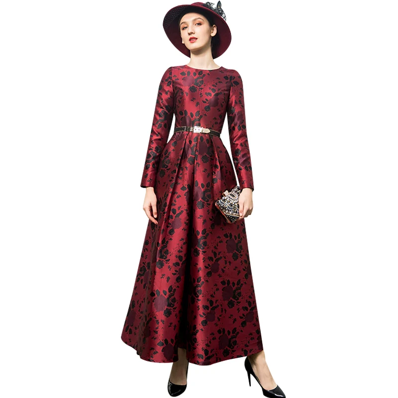 

2018 New Year Evening Trench Dress Jaquard Runway Dress Floral Party Women Ball Gown Long Dress 9071