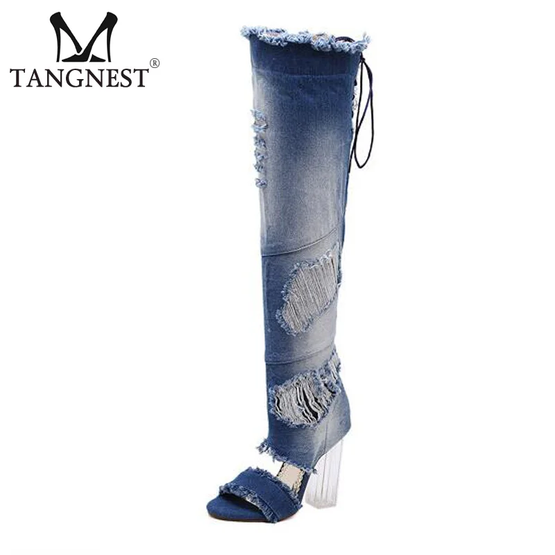 

Tangnest Vintage Denim Over-the Knee Boots Fashion Transparent High Heels Peep Toe Washed Canvas Shoes Woman Size 34~40 XWX5839