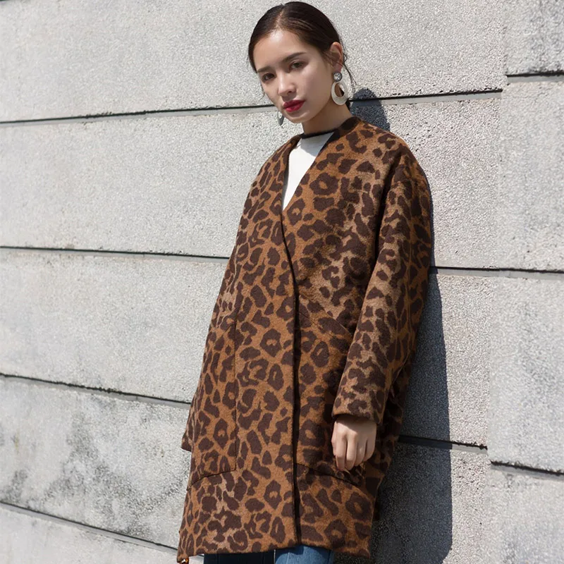 

TREND-Setter 2017 Autumn and Spring Leopard Jacket and Coat For Women Wool Loose Casual Single Botton Coat Oversize