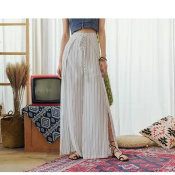 

Hign Waist White Striped Split Side Bow Tie Wide Leg Pants Women 2019 Summer Casual Boho Trousers Spring Korean Fashion Pants