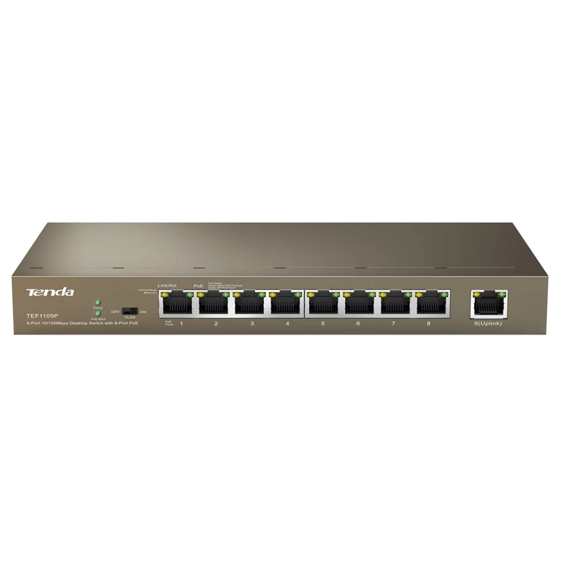 Tenda TEF1109P-8-63W коммутатор для интернет-сети 9-Порты и разъёмы, длиной 250 м расстояние стабильный PoE Питание, Plug and Play, прочный и Secure