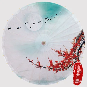 

Light White and Green Oil Paper Umbrella One Large Branch Plum Blossom Paper Parasol Birds fly in Sky Scenery Paper Umbrella
