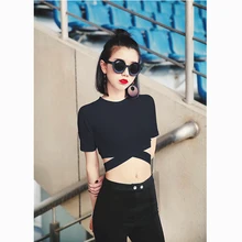 Lo Ши футболка с коротким рукавом Женская бинты Сексуальная полые Тонкий был тонкий Черный и белый цвета летние узкие короткая футболка женские