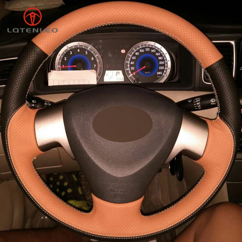 LQTENLEO Brown Black Genuine Leather Hand stitched Car Steering Wheel