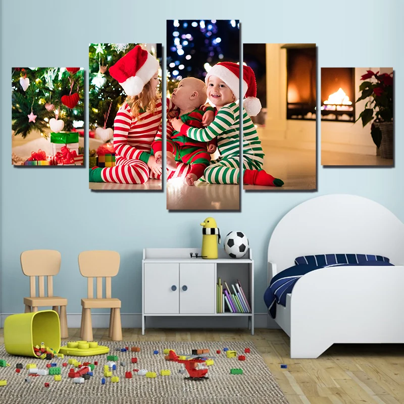 Holidays-Christmas-Three-Kid-Canvas-Wall-Art-Frame-Painting-For-Living-Room-5-Panel-Poster-And (4)