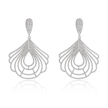 

Brincos Trendy Luxury Jwelry For Women Charm Peacock Feather Shape Silver Color Big Dangle Drop Earrings Jewelry Cubic Zirconia