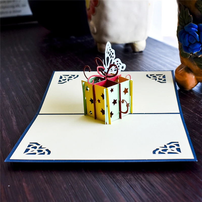 Подарочная коробка 3D всплывающие карты день рождения с наклейка на конверт Лазерная резка для приглашения поздравительной открытки День святого Валентина