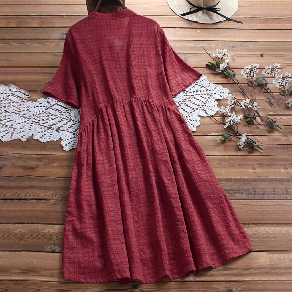 

kleider damen Women vestidos femininos Vintage Casual O-Neck Short Dress Plus Size Short Sleeve Button vintage dress Dress