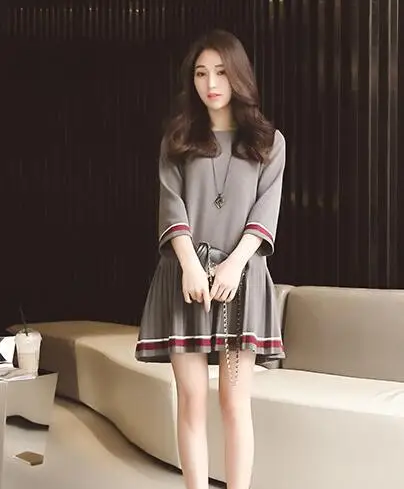 

2016 Knee-length Boat Neck Top Fashion Cotton Lycra Chiffon Short Beach Solid New Maternity Summer Seven Cuff Size Dress Women