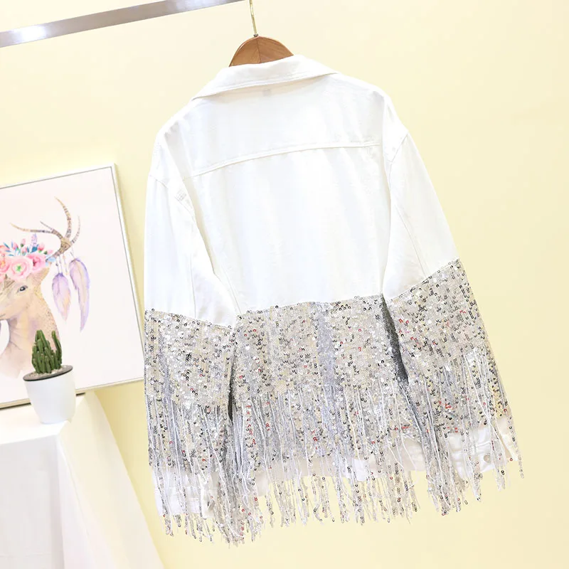 coréen Printemps Nouvelle Lâche White Femmes De Filles Longues Vestes À Denim Gland Automne Paillettes 2019 Lourd Manches noir Dames Trou Veste tqpwPdExt