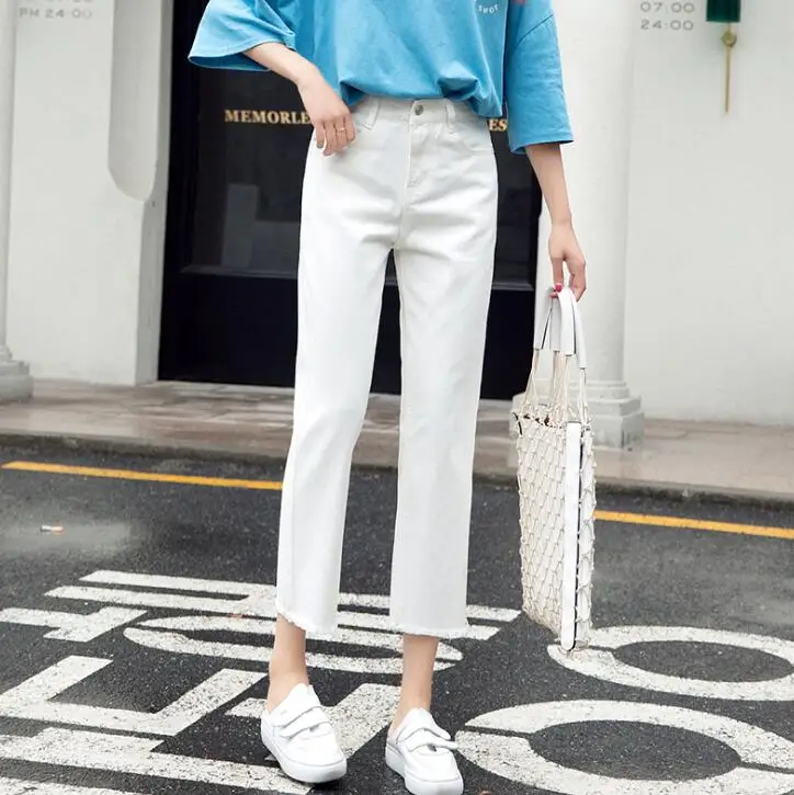 High Waist Mom Jeans Trousers For Women Boyfriend Denim Pants Vintage Casual Girls Jeans Trousers Blue White Milky Summer Autumn