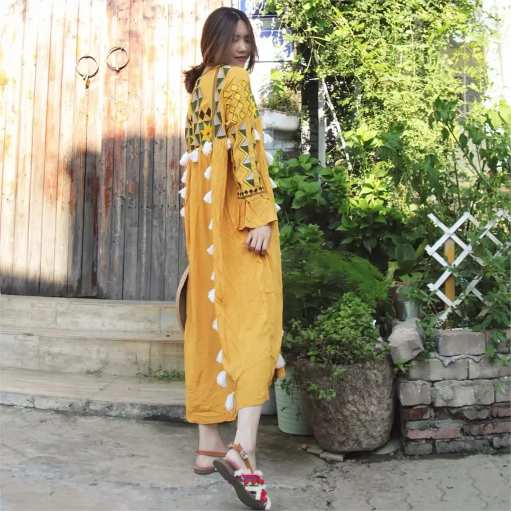 Jastie V-Neck Long Sleeve Autumn Dress Boho Embroidery PomPom Tassels Vintage Dresses Women Loose Ukraine Dress Female Vestidos