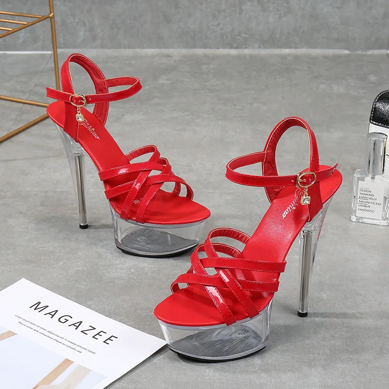 

Women Crystal Clear Sandals Peep Open Toe Transparent Cross Strap Platform Thin Heel High Heel Summer Sandals Mules 34-34