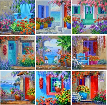 

Diy Diamond Mosaic Scenery Door Flowers Pattern Full Square / Round Diamond Embroidery 5D Diamond Painting Decoration Kits