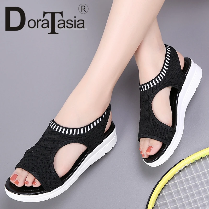 

DoraTasia New 2019 Solid Elastic Band Wedges Peep Toe Platform Shoes Woman Casual women's Summer Sandals Black Big Size 35-45