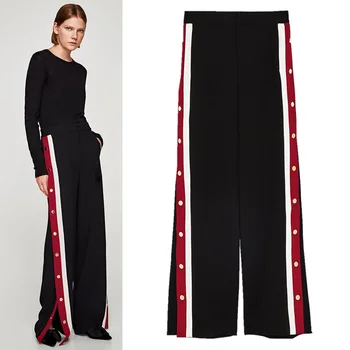 

After the elastic high waist black wide leg pants female 2018 spring and summer new loose striped side buttons leisure trousers